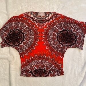 Philosophy Vivid Red Mandala-Print Short Sleeve Sheer Top